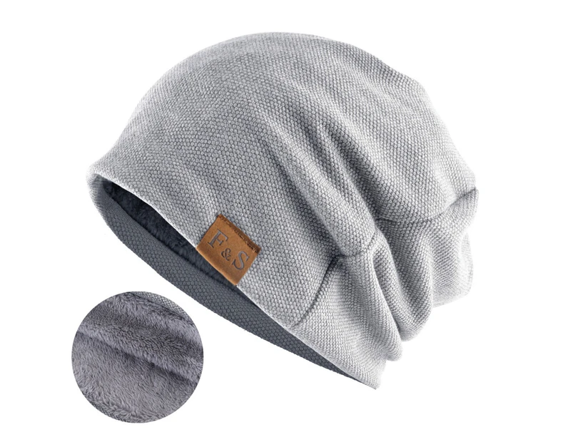 Knitted Hat Plush Lining Casual Hip Hop Super Soft Stretchy Keep Warm Solid Color Women Men Unisex Beanie Cap for Spring Autumn Winter Light Grey