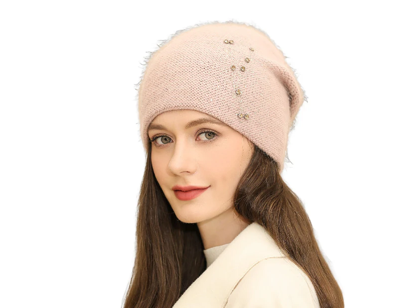 Knitted Hat Slouchy Plain Color Good Stretchy Rhinestone Decor Comfortable Touch Keep Warm Elegant Women Knit Skull Beanie Winter Hat for Holiday Pink