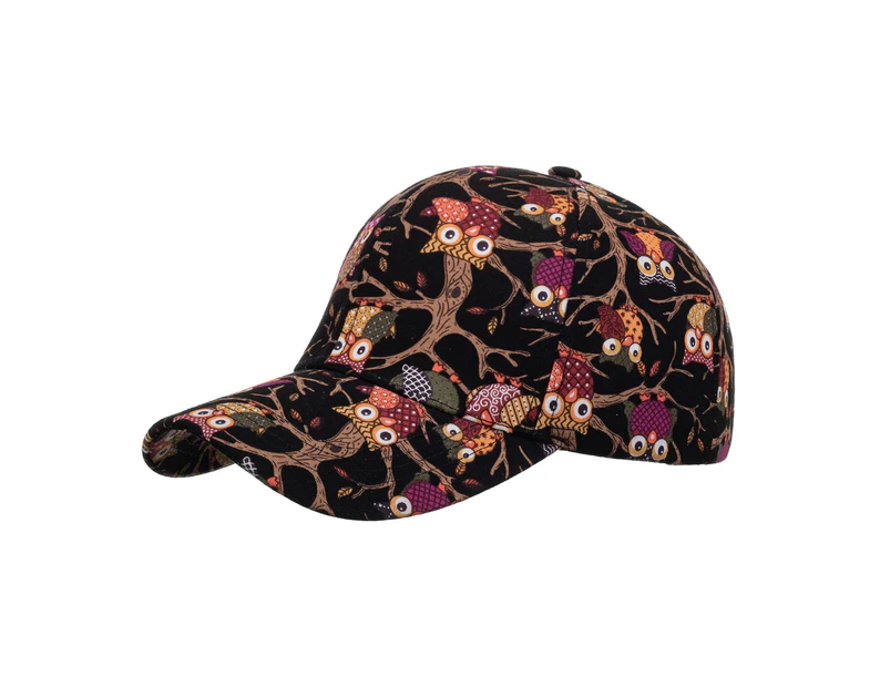 Sun Hat Unisex Breathable Ponytail Hole Cartoon Owl Print Extended Brim Women Hat Gift Black