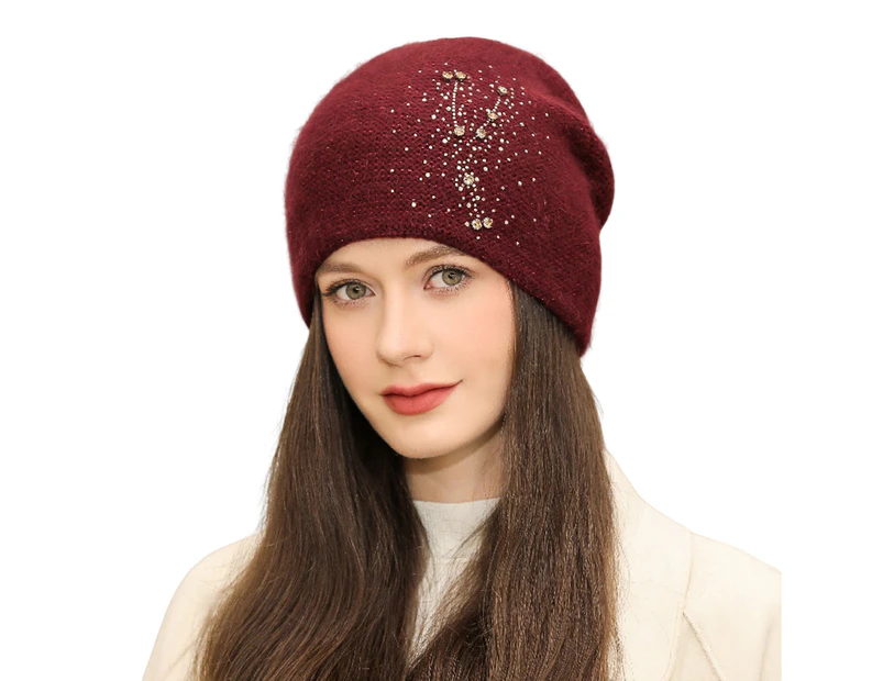 Knitted Hat Slouchy Plain Color Good Stretchy Rhinestone Decor Comfortable Touch Keep Warm Elegant Women Knit Skull Beanie Winter Hat for Holiday Wine Red
