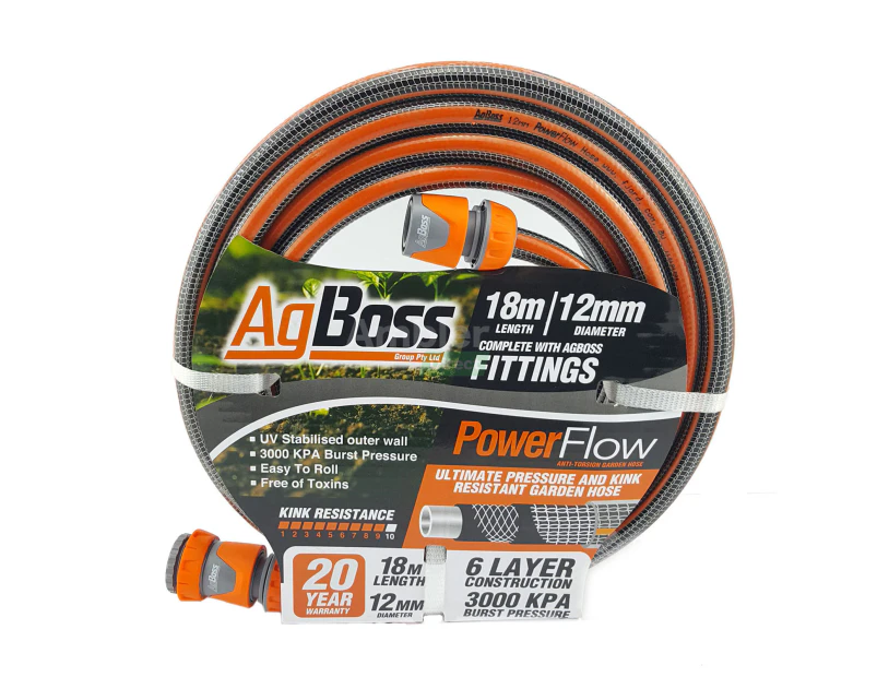AgBoss 12mm x 18m Premium Garden Hose with Fittings - Orange