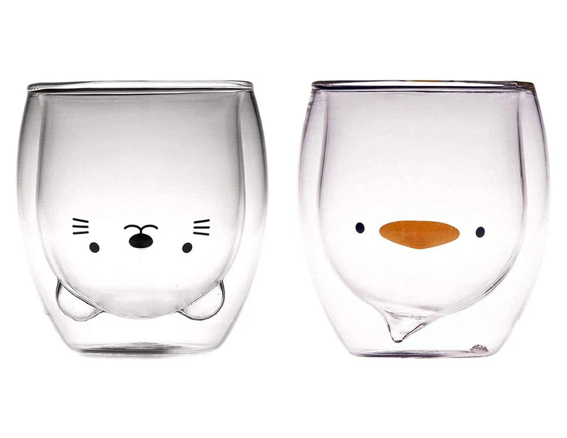 2PCS Cute Cup Double Wall Glass Mug, Glass Espresso Cup, Coffee Cup, Tea Cup (250ML)