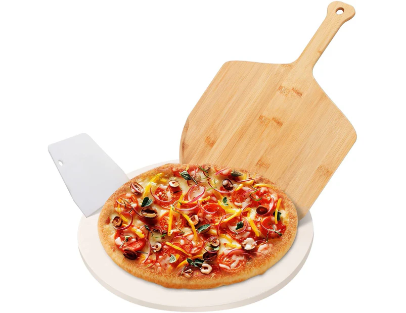 13" Round Non-Stick Pizza Stone with Bamboo Pizza Peel and Scraper Off White
