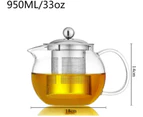 Teapot with stainless steel tea strainer and lid, borosilicate glass teapot suitable for stove, Flowering and loose leaves, round glass pot (950 ml)