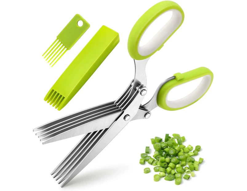Kitchen Herb Scissors Stainless Steel Three Piece Kitchen Herb Scissors 5 Blade Multi-Purpose Herb Scissors Cover with Cleaning Comb and Scribing Knife