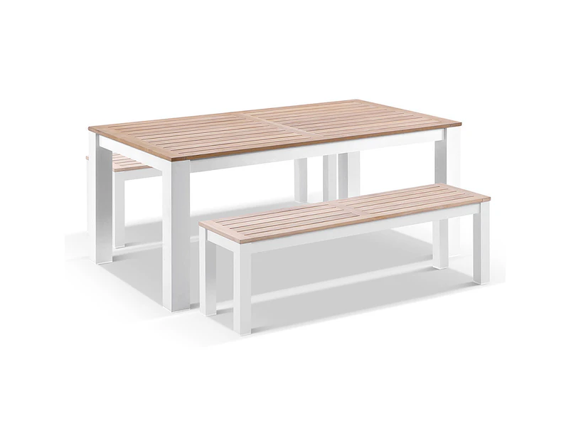 Balmoral 1.8m Teak Top Aluminium Table with 2 Bench Seats - Outdoor Aluminium Dining Settings - White