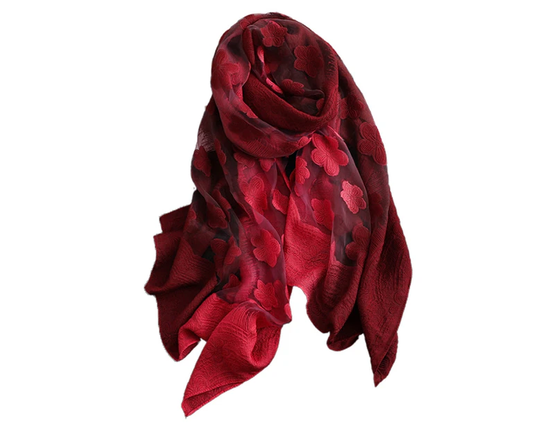 Women Stylish Gradient Color Floral Embroidery Long Neck Scarf Head Wrap Shawl Wine Red+Peach Blossom