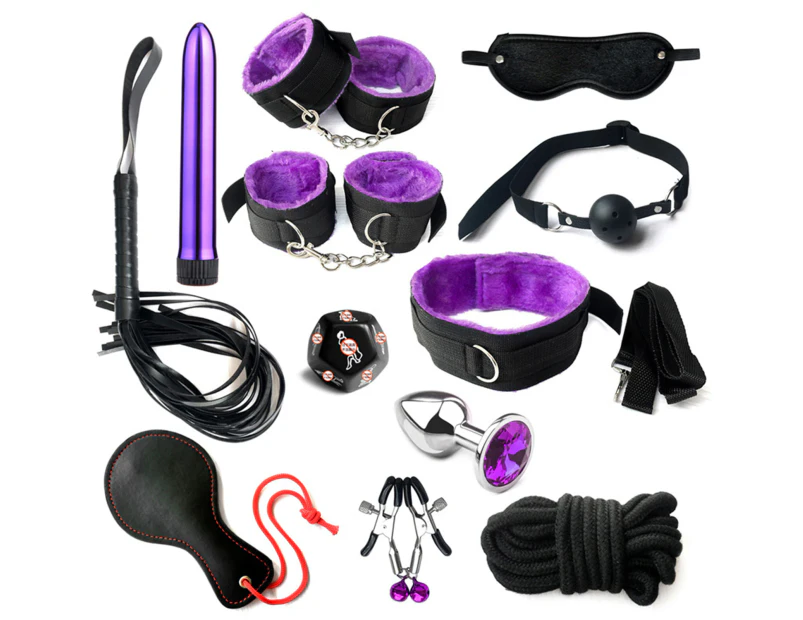 Oraway 12Pcs/Set Sexual Bondage Handcuff Whip Blindfold Adult Couple Sex Toys Tools Set - Purple