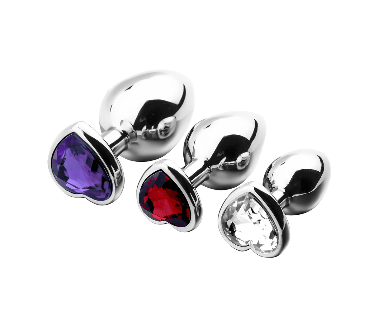 Oraway 3Pcs 3 Sizes Stainless Steel Anal Butt Plugs with Heart Rhinestone Adult Sex Toy - Purple