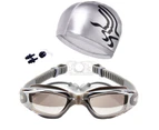 Fulllucky Swim Goggles with Hat Ear Plug Nose Clip Suit Waterproof Swim Glasses Anti-fog-Electroplating Silver