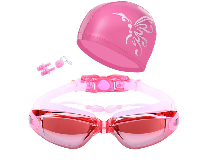 Fulllucky Swim Goggles with Hat Ear Plug Nose Clip Suit Waterproof Swim Glasses Anti-fog-Electroplating Pink