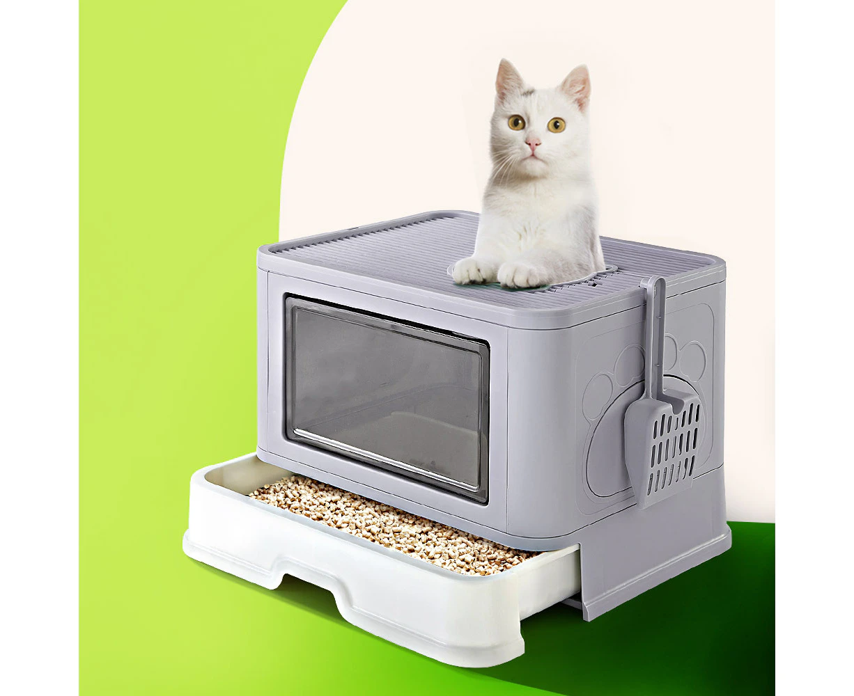 Taily Foldable Cat Litter Box Enclosed Kitty Toilet Hooded Tray Set With Litter Scoop Large Grey