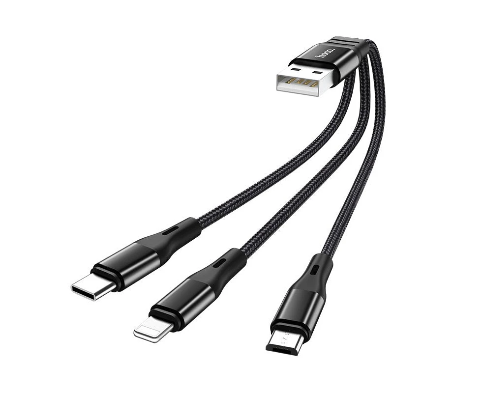 Hoco X47 Short 3 in 1 Cable 25cm Short (USB-A to USB-C/Lightning/Micro USB) - Black