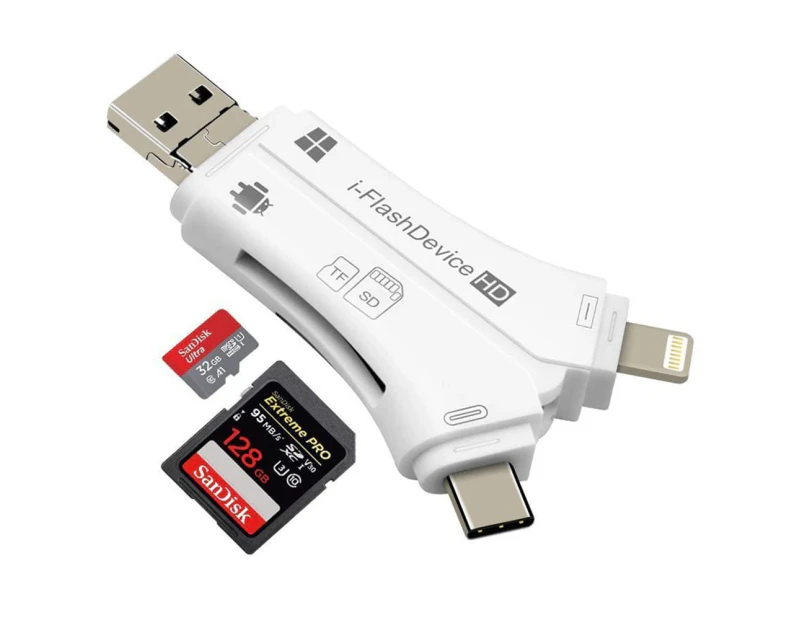 In 1 External Card Reader USB SD and TF Card Reader Adapter compatible with iPhone/iPad Mac/Android/Windows PC-White
