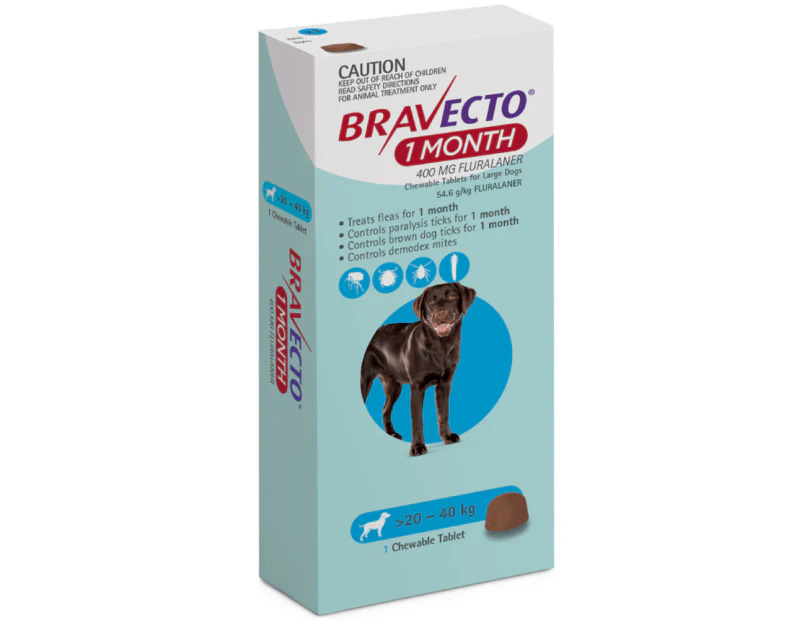 Bravecto Dog 1 Month Chew Tick & Flea Treatment 20-40kg Large Blue