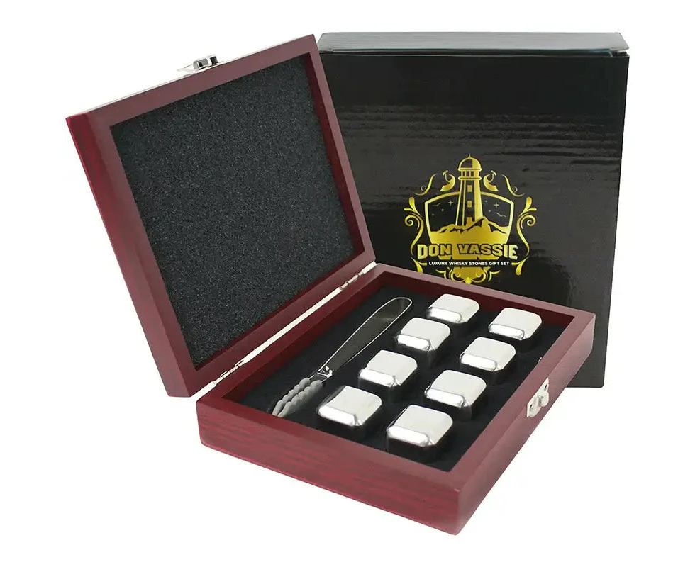 Whisky Ice Cubes Chillers - 8 Pieces (Silver)in a Elegant Wooden Gift Box