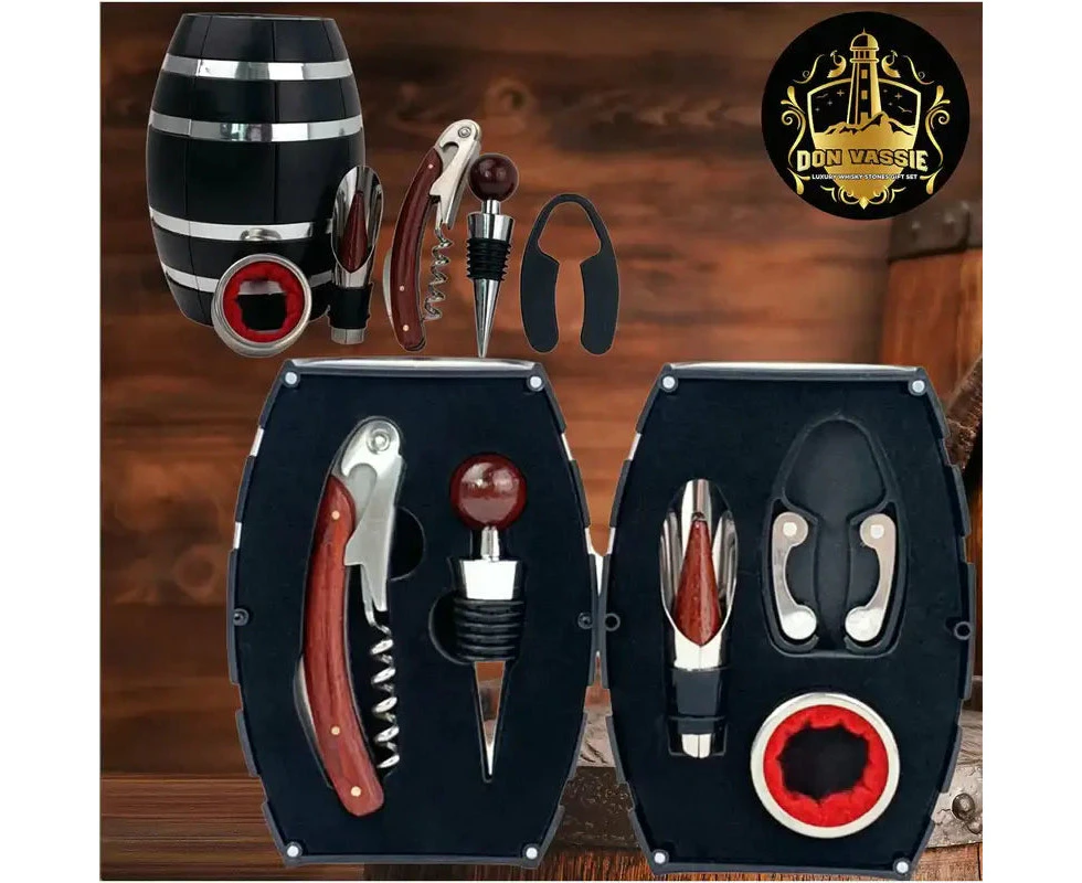 Don Vassie wine accessories gift set 4 pieces in a barrel shaped magnetic box