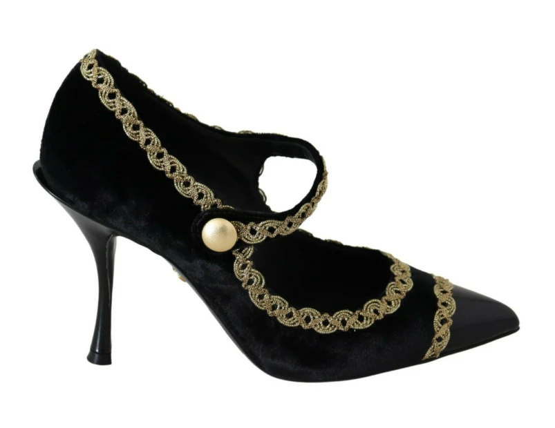 Dolce & Gabbana Black Embellished Velvet Mary Jane Pumps Shoes