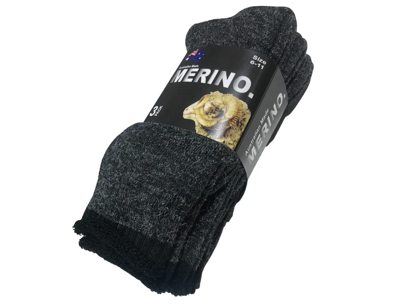 3 Pairs MERINO WOOL SOCKS Mens Heavy Duty Premium Thick Work Socks Cushion - Charcoal