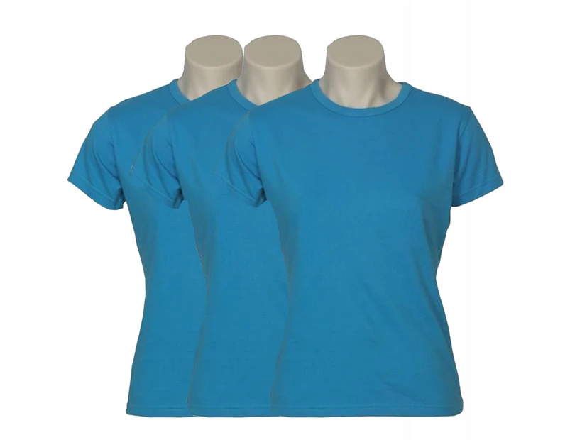 3x Women's Plain Ladies T SHIRT 100% COTTON Basic Tee Casual Top Size 6-24 BULK - Cyan Blue