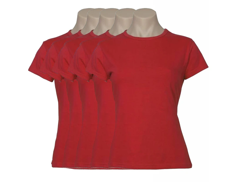 5x Women's Plain Ladies T SHIRT 100% COTTON Basic Tee Casual Top Size 6-24 BULK - Red
