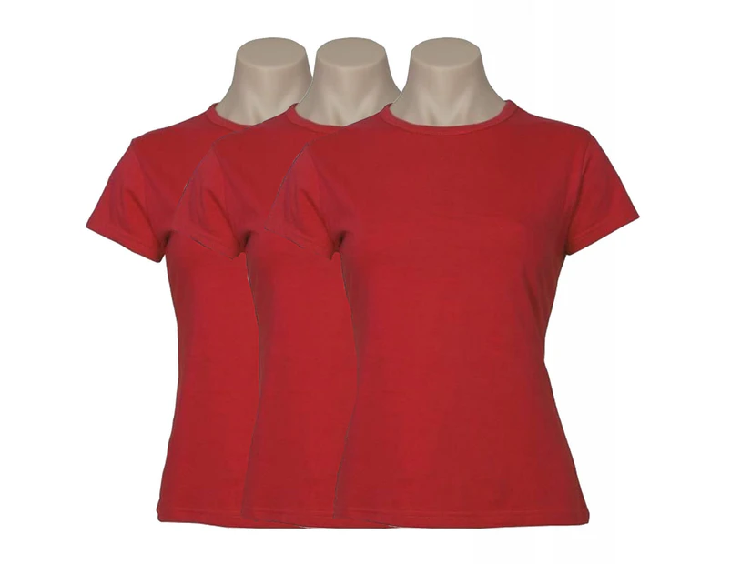 3x Women's Plain Ladies T SHIRT 100% COTTON Basic Tee Casual Top Size 6-24 BULK - Red