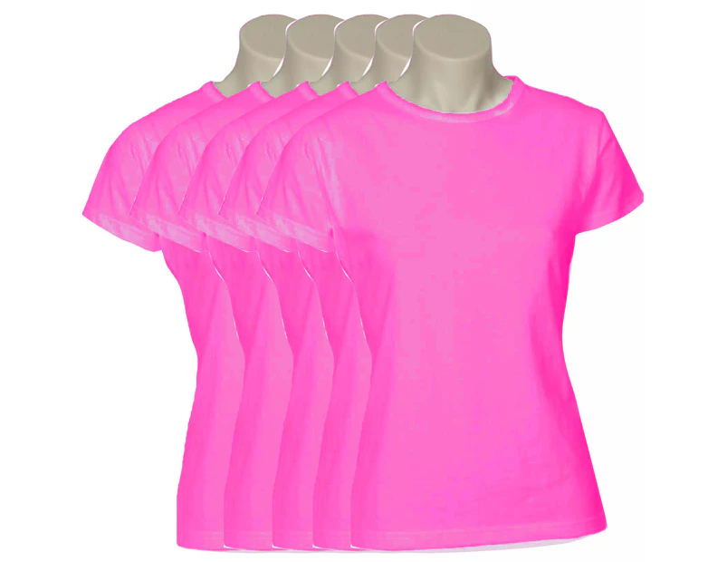 5x Women's Plain Ladies T SHIRT 100% COTTON Basic Tee Casual Top Size 6-24 BULK - Magenta Pink