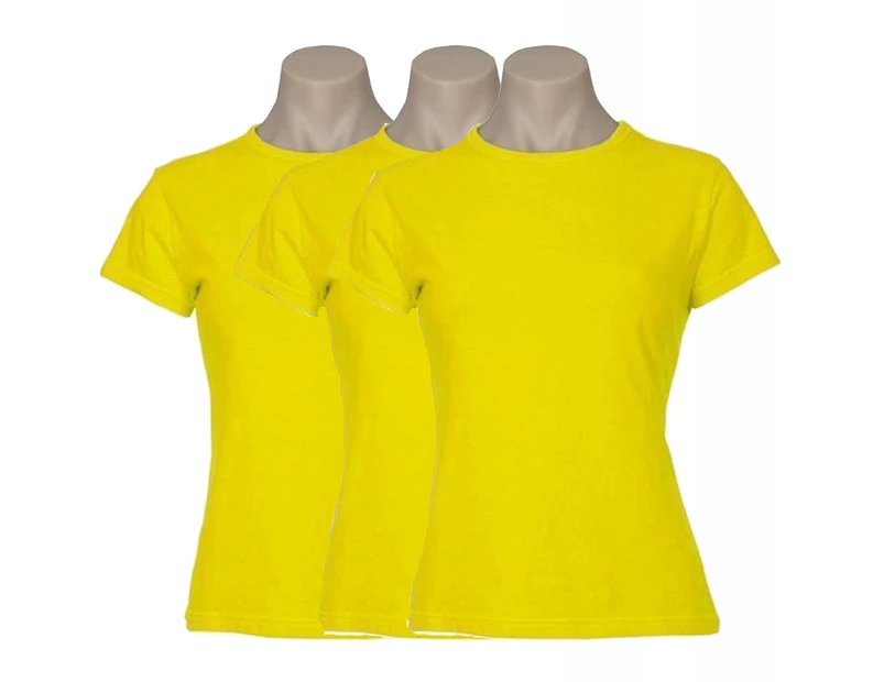 3x Women's Plain Ladies T SHIRT 100% COTTON Basic Tee Casual Top Size 6-24 BULK - Yellow