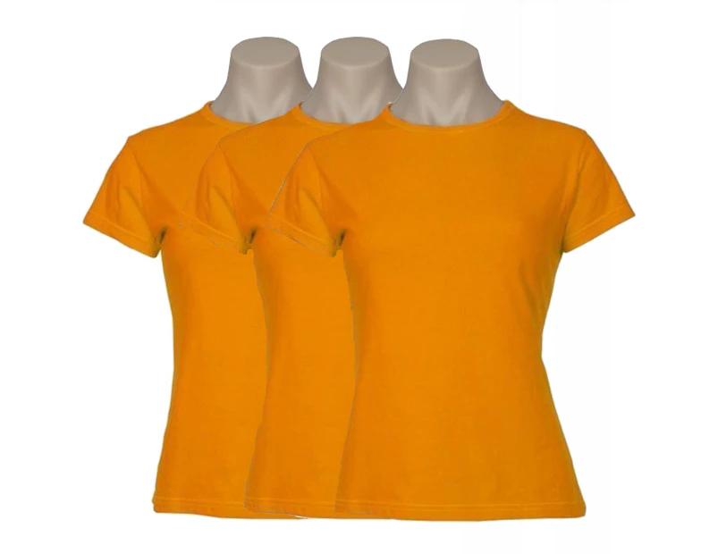 3x Women's Plain Ladies T SHIRT 100% COTTON Basic Tee Casual Top Size 6-24 BULK - Orange