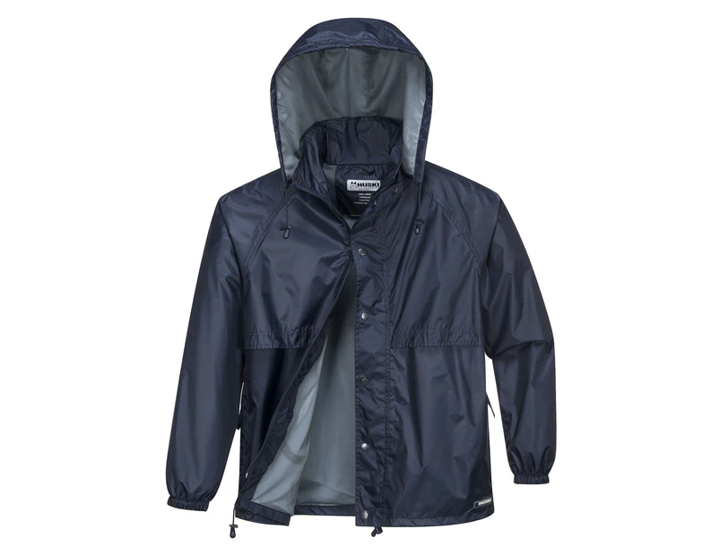 HUSKI STRATUS RAIN JACKET Waterproof Workwear Concealed Hood Windproof Packable - Navy Blue