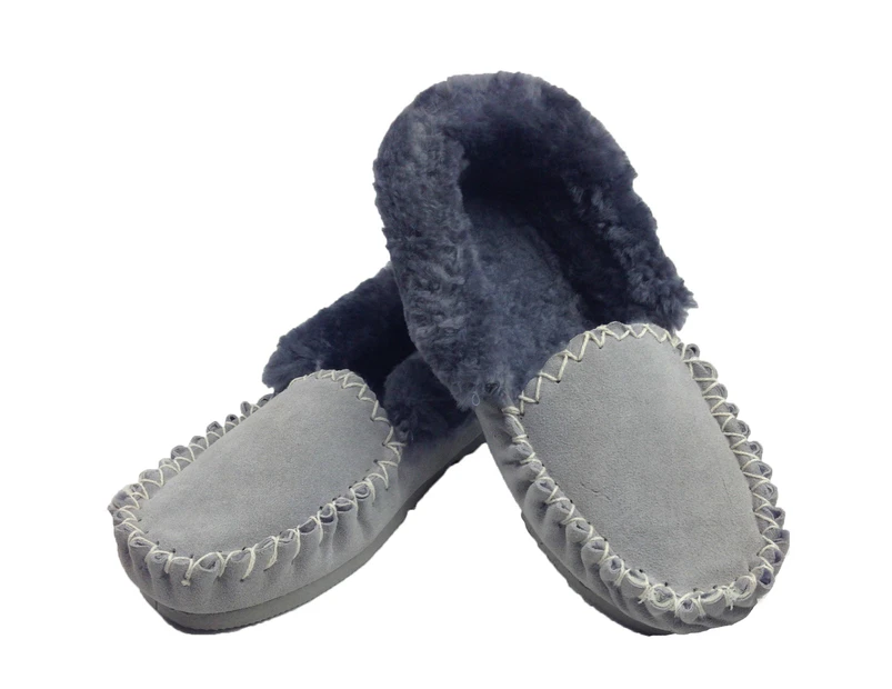 100% Australian Merino Sheepskin Moccasins Slippers Winter Casual Genuine Slip On UGG - Grey