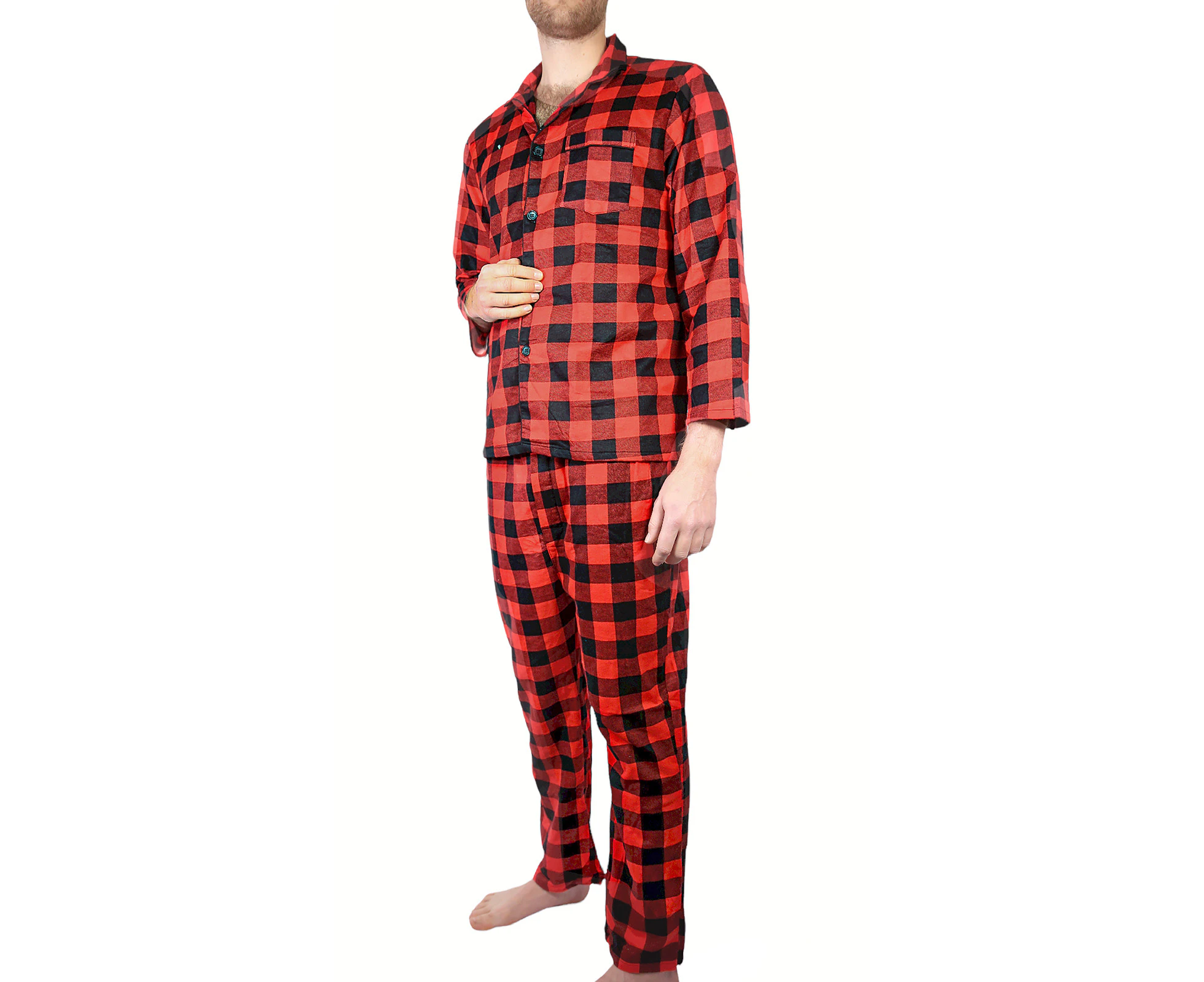 Men's Flannelette Pyjama Set Sleepwear Soft 100% Cotton PJs Two Piece Pajamas - Red