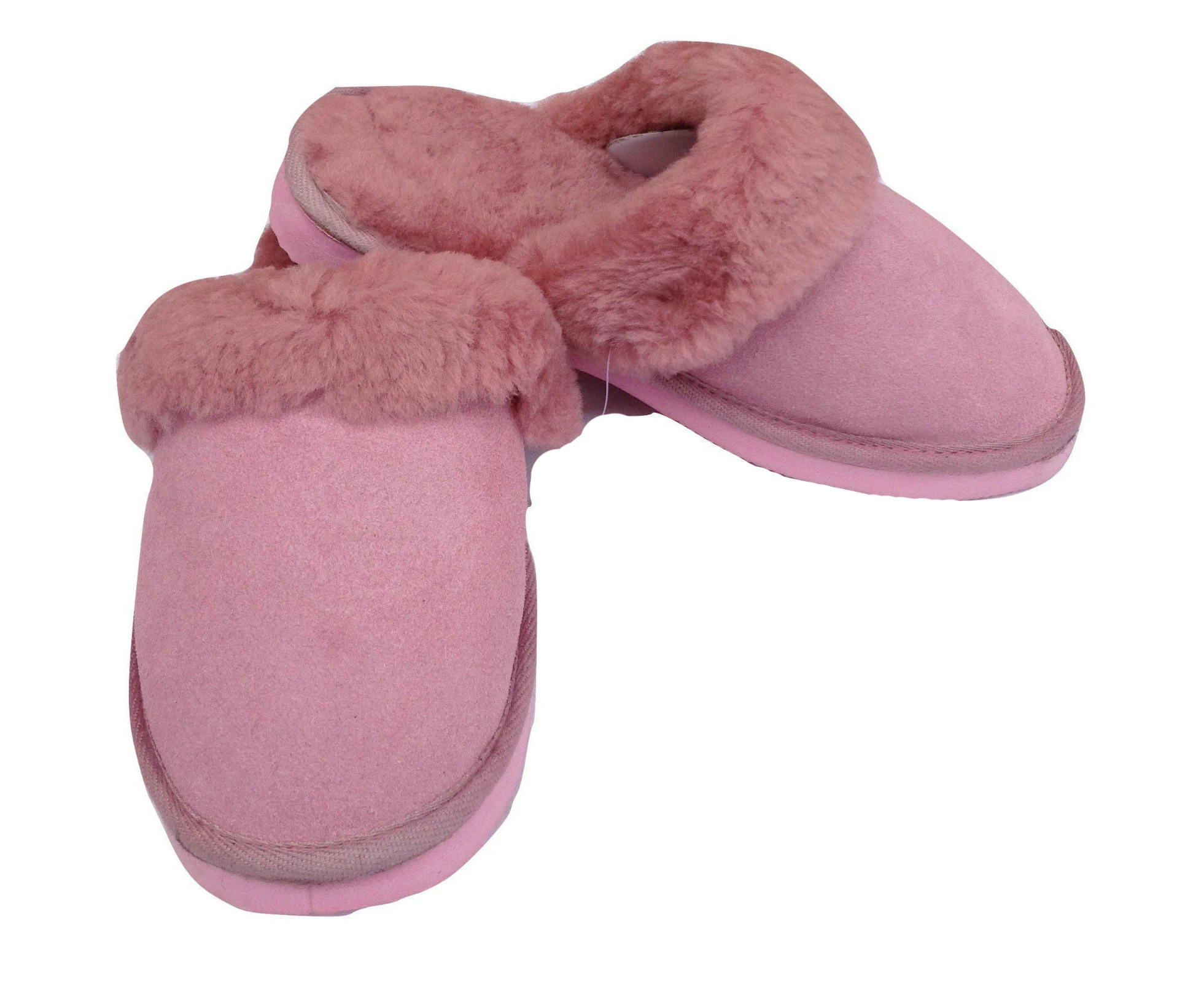 100% Sheepskin Moccasin Slippers Winter Genuine Scuffs Slip On Mens Womens - Pink (with fur)