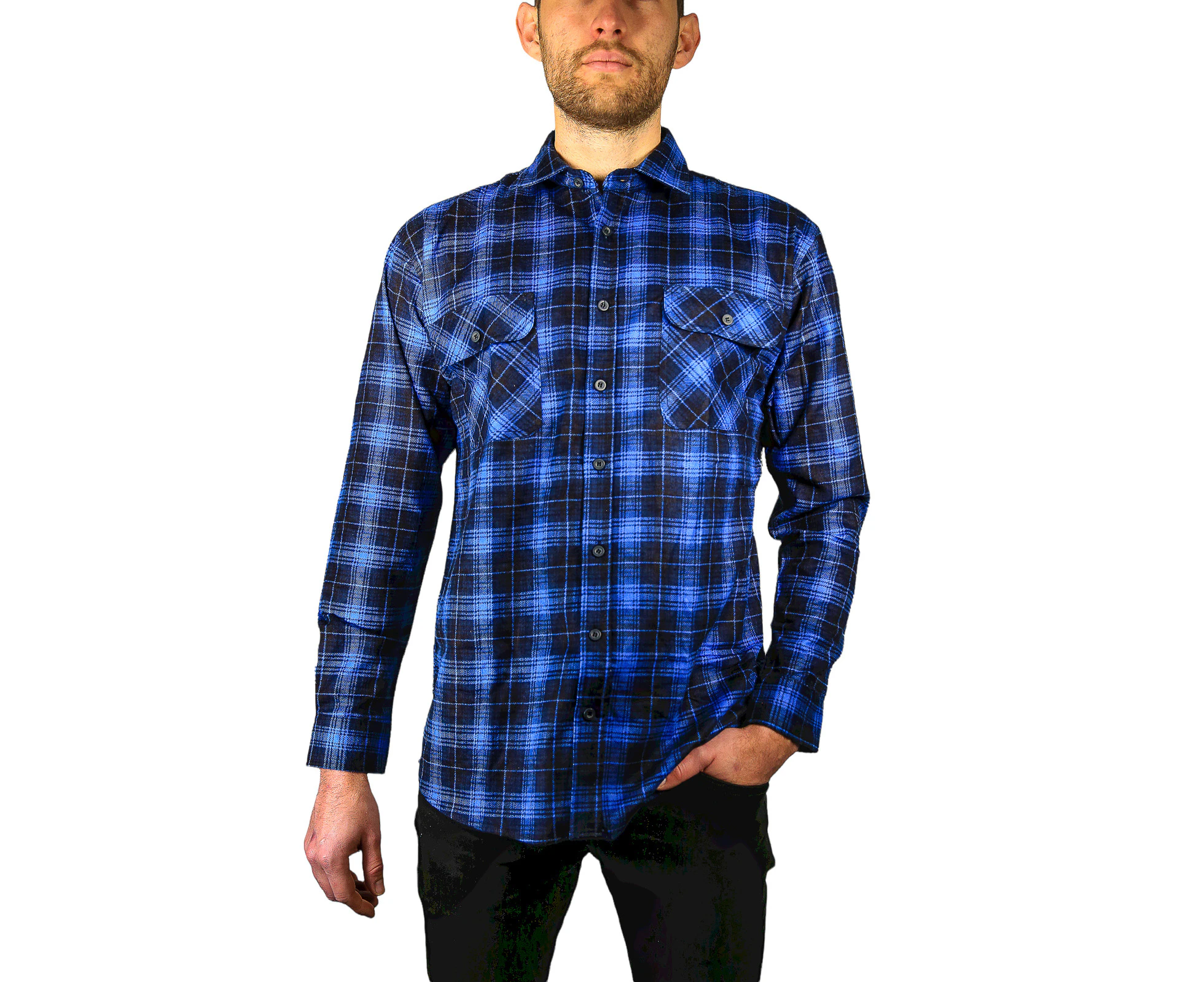 Men's 100% Cotton Flannelette Shirt Long Sleeve Check Authentic Flannel - Blue