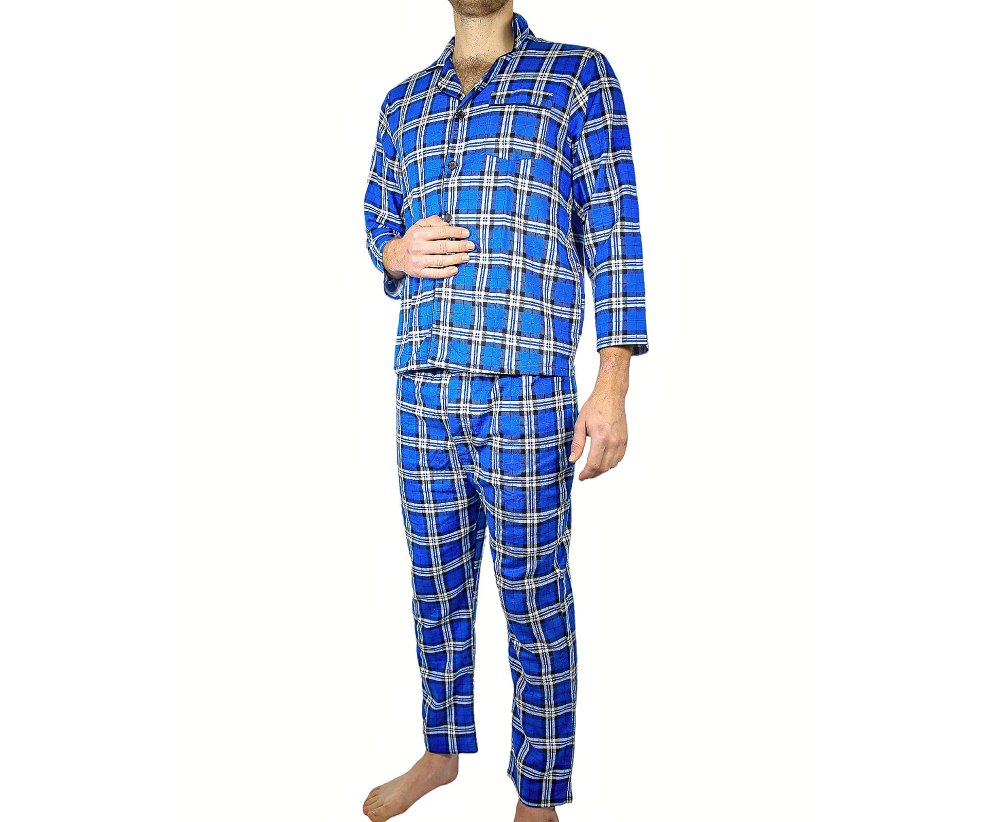 Men's Flannelette Pyjama Set Sleepwear Soft 100% Cotton PJs Two Piece Pajamas - Blue