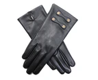 Dents Womens Leather Gloves with Gold Buttons - Black