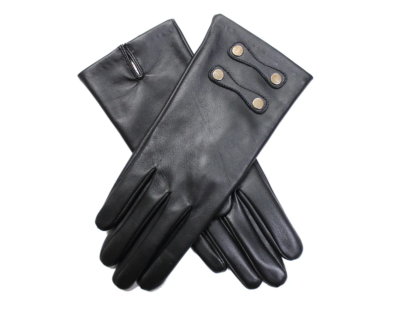 Dents Womens Leather Gloves with Gold Buttons - Black