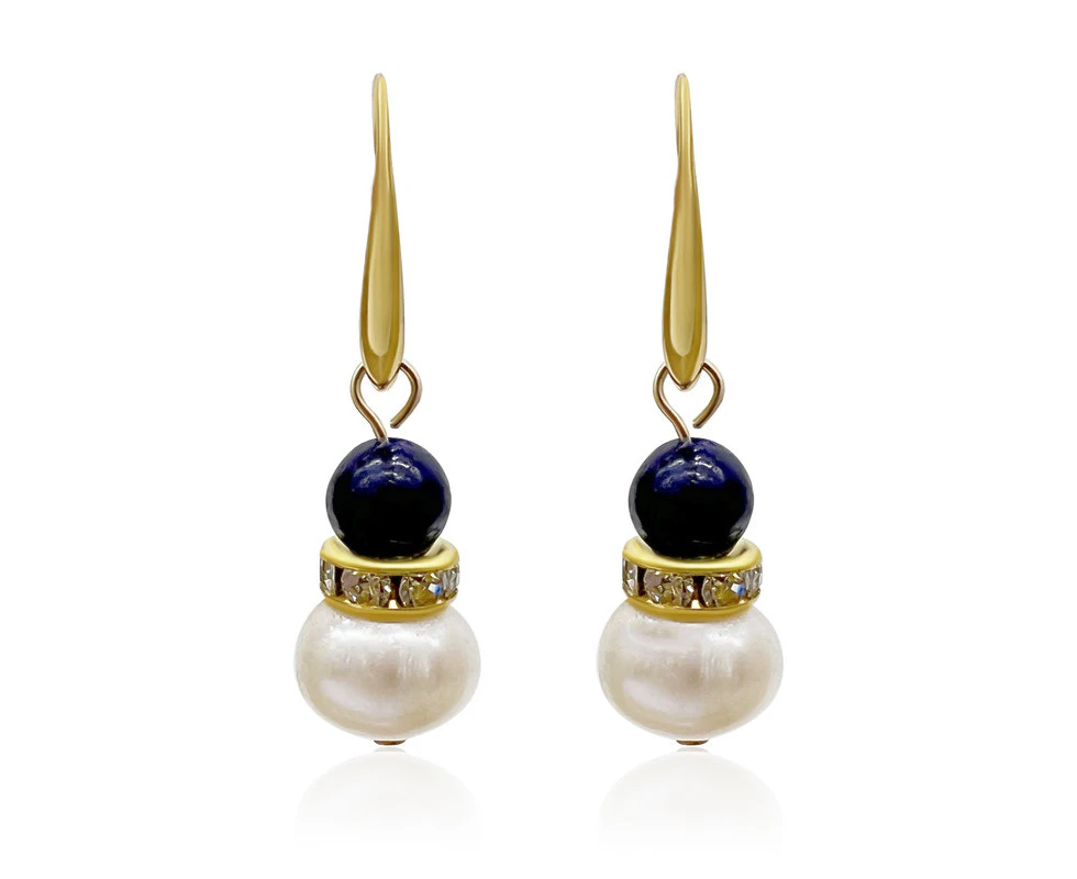 Georgiadis Lapis Lazuli & Freshwater Pearl Rhinestones Gold Plated Drop Earrings