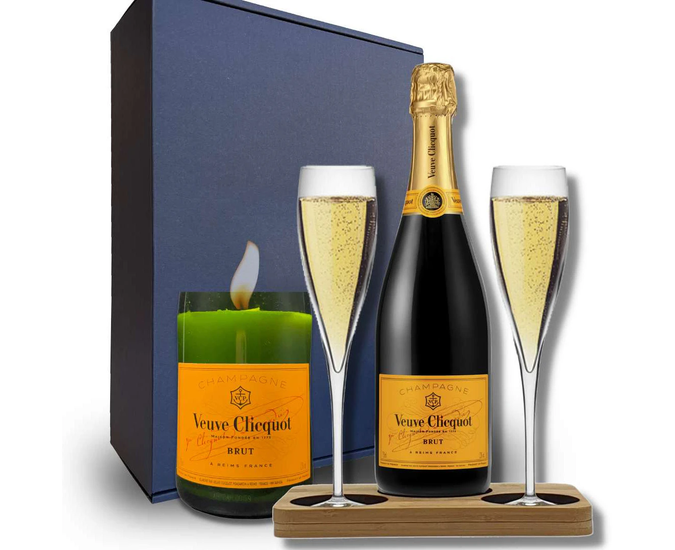 Veuve Clicquot & Candle Hamper Box includes Presentation Stand and 2 Fine Crystal Champagne Flutes