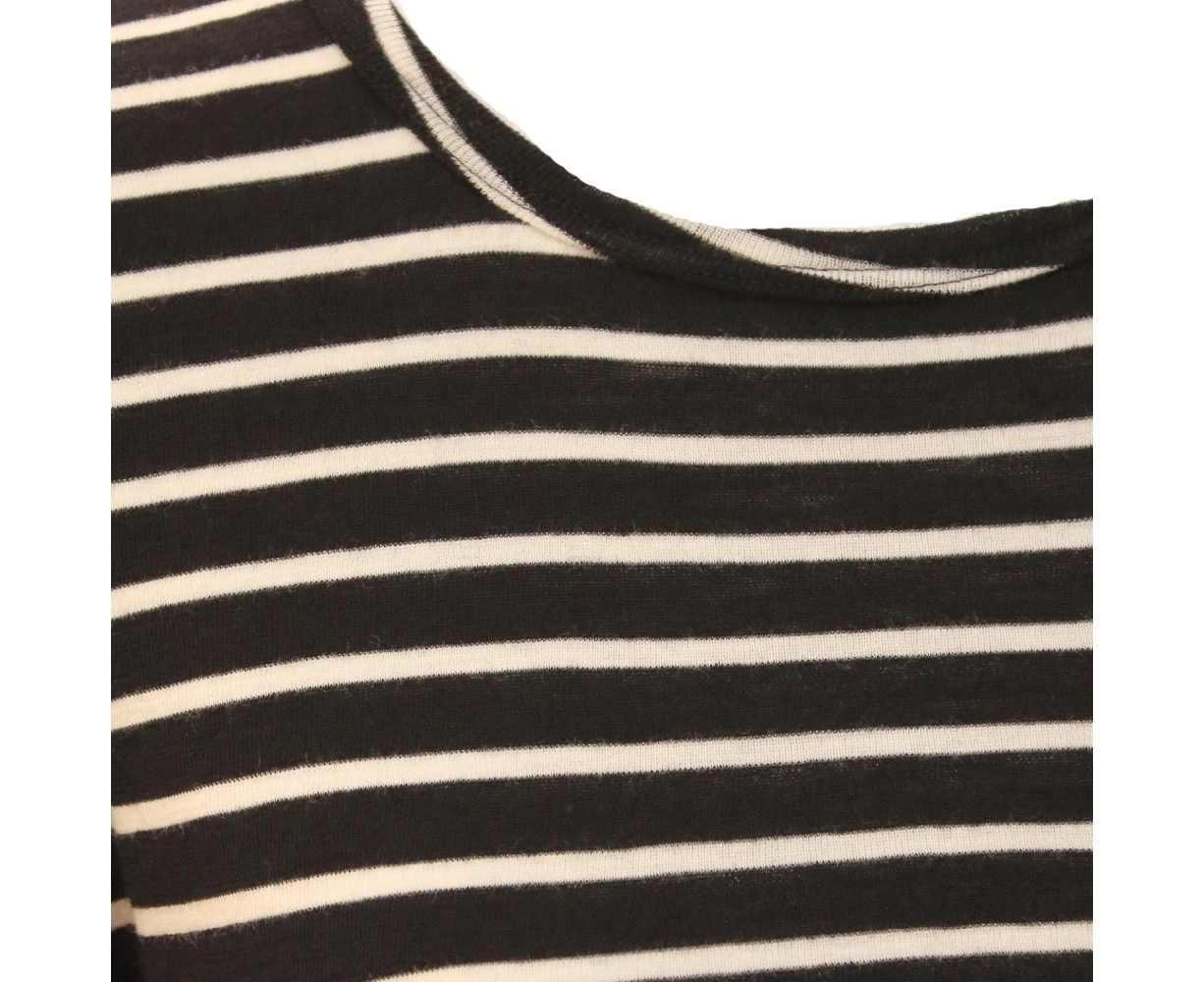 Womens Long Sleeve 100% Pure Wool Stripe Knit Top Warm Winter Thermal Base Layer - Black/Cream