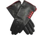 Dents Women's Leather Gloves With Button Detail Piped Cuff And Silk Feel Lining - Black/Berry