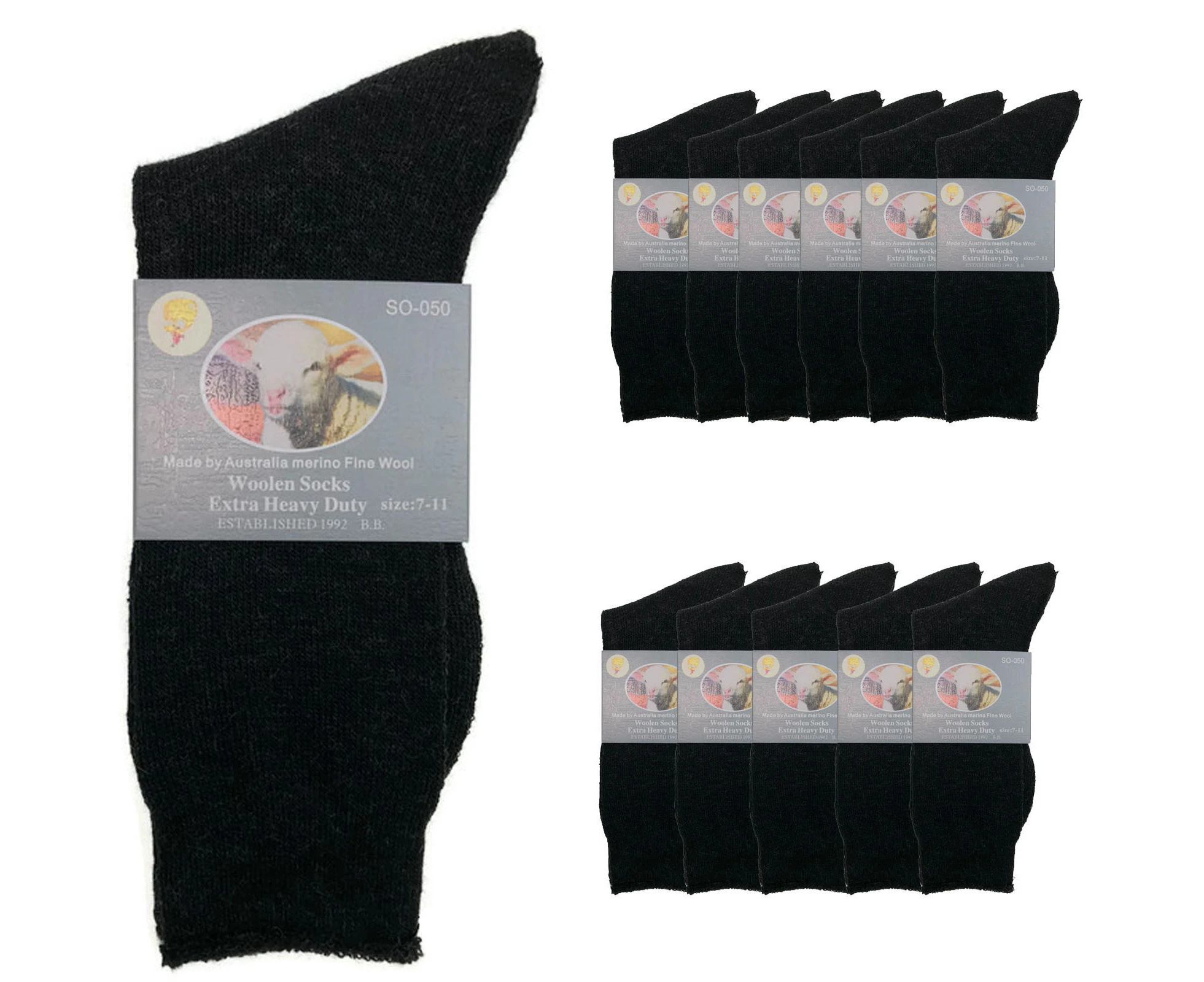 12 Pairs Merino Wool Blend Woolen Work Socks Hiking Heavy Duty Warm Thermal BULK - Black