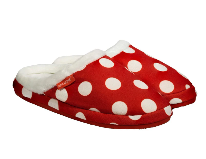 ARCHLINE Orthotic Slippers Slip On Scuffs Medical Pain Relief Moccasins - Red Polka Dot