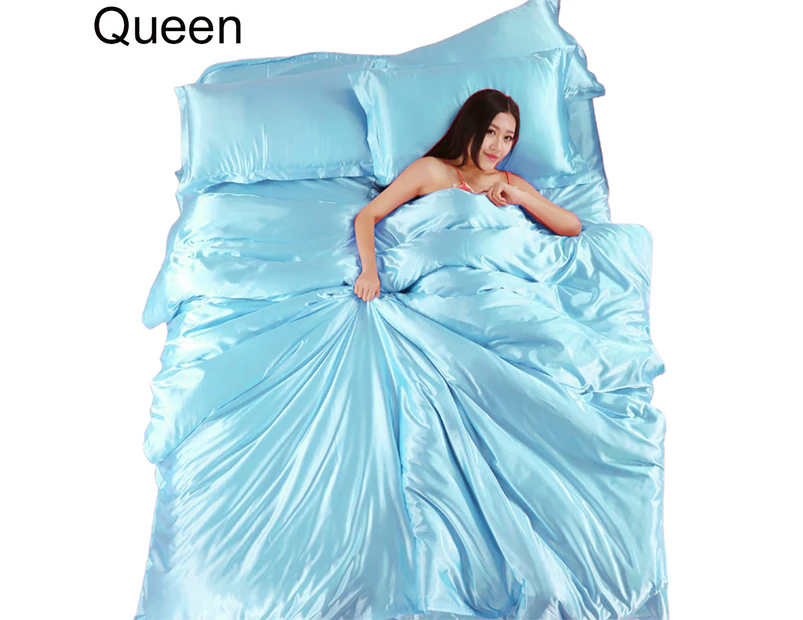 Oraway 3/4Pcs Satin Soft Quilt Duvet Cover Pillowcases Bed Sheet Bedclothes Bedding Set - Queen Aqua Blue