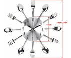 Kitchen Wall Clock, 3D Removable Modern Creative Cutlery Kitchen Spoon Fork Wall Clock Mirror Wall Decal Wall Sticker Room Home Decoration (Sliver)