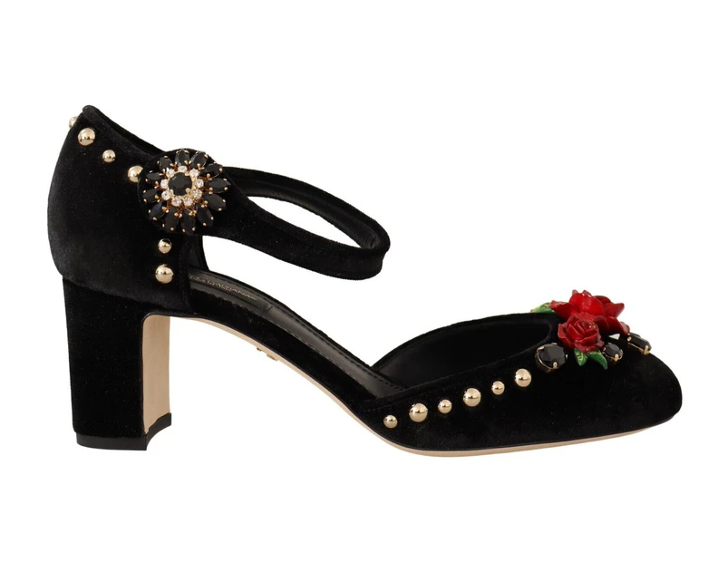 Dolce & Gabbana Black Velvet Roses Ankle Strap Pumps Shoes