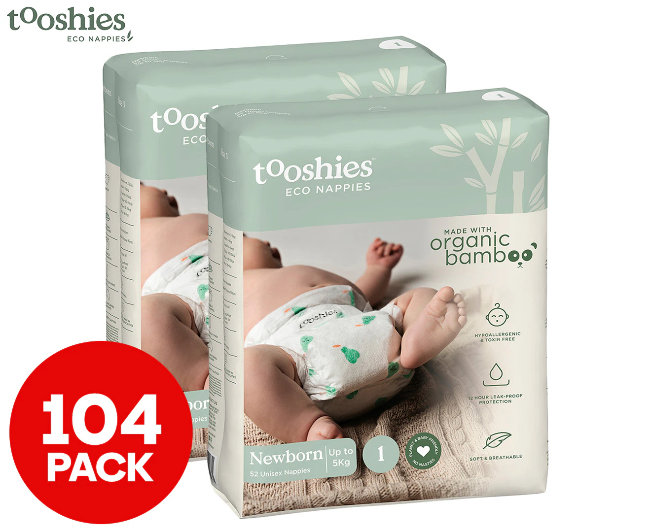 2 x 52pk Tooshies Size 1 3-5kg Infant Bamboo Nappies