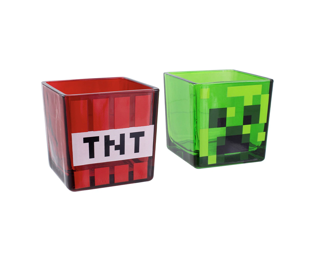 2pc Minecraft Creeper Mob & TNT Block Glass Tumblers Drinking Glasses Green/Red