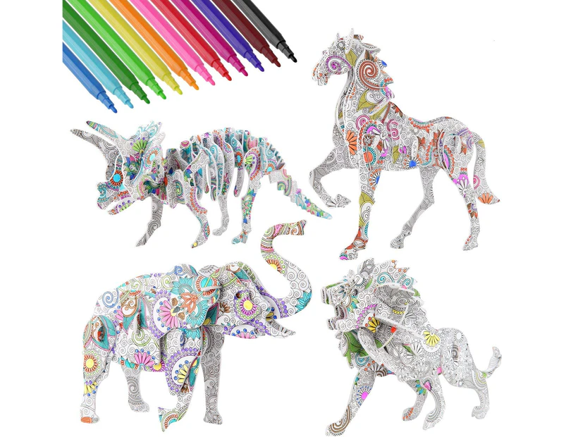 3D Coloring Puzzle Set, 4 Animals Painting Puzzles with 12 Pen Markers, Creativity DIY Gift for Boys Girls Age 8-12 Years Old Kids
