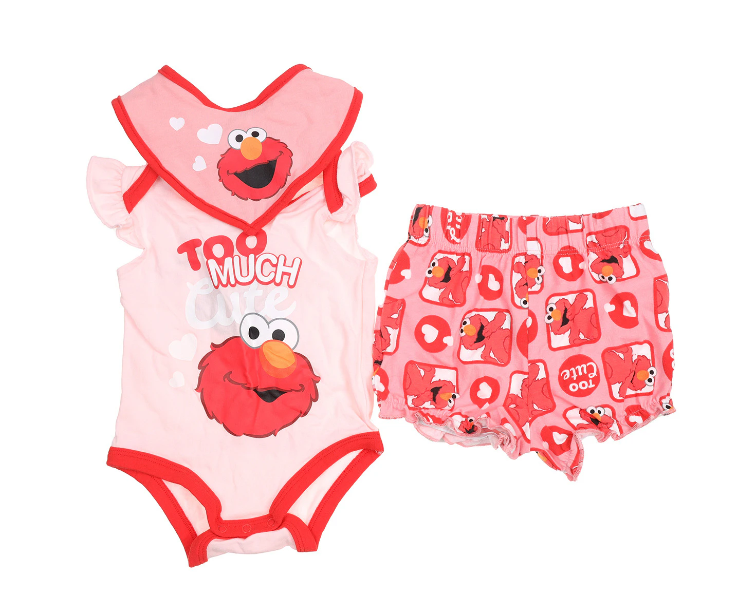 SESAME STREET 3pc Girl's Clothing Set | Romper, Shorts & Bib | Pink